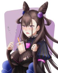 Rule 34 | 1girl, absurdres, black dress, blush, breasts, brown hair, bubble tea, bubble tea challenge, commentary request, cone hair bun, double bun, dress, fate/grand order, fate (series), hair between eyes, hair bun, hair ornament, highres, juliet sleeves, large breasts, long hair, long sleeves, murasaki shikibu (fate), open mouth, puffy sleeves, purple eyes, sleeves past wrists, solo, tobi (pixiv41237754), two side up, very long hair