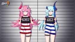 Rule 34 | 2girls, absurdres, asymmetrical horns, blue eyes, blue hair, chinese commentary, choker, closed mouth, dress, hair ornament, height chart, highres, holding, holding sign, honkai (series), honkai impact 3rd, horns, liliya olenyeva, long hair, looking at viewer, looking to the side, mugshot, multiple girls, official art, official wallpaper, pink hair, prison clothes, prisoner, rozaliya olenyeva, shirt, siblings, sign, single horn, sisters, smile, striped clothes, striped dress, striped shirt, twins