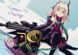 Rule 34 | 1girl, assault rifle, banana (girls&#039; frontline), bare shoulders, blonde hair, commentary request, english text, feet out of frame, girls&#039; frontline, gun, hair between eyes, headgear, highres, jacket, long hair, looking at viewer, m4 carbine, m4 sopmod ii (girls&#039; frontline), megaphone, mineta naoki, multicolored hair, on water, open mouth, pink hair, red eyes, rifle, robot, sidelocks, smile, streaked hair, water, weapon
