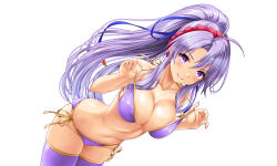 Rule 34 | 1girl, alternate costume, bare arms, bare shoulders, bikini, blue ribbon, breasts, cleavage, collarbone, commission, dutch angle, fire emblem, fire emblem: genealogy of the holy war, groin, hair between eyes, hair ribbon, highres, kamiya tomoe, large breasts, lifted by self, long hair, looking at viewer, navel, nintendo, parted bangs, pixiv commission, ponytail, purple bikini, purple eyes, purple hair, purple thighhighs, ribbon, side-tie bikini bottom, simple background, skindentation, smile, solo, strap lift, swimsuit, tailtiu (fire emblem), thighhighs, very long hair, white background