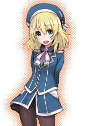 Rule 34 | 10s, 1girl, :d, aged down, alternate hair length, alternate hairstyle, arms behind back, atago (kancolle), black pantyhose, blonde hair, green eyes, hat, highres, kantai collection, looking at viewer, matsuryuu, military, military uniform, open mouth, pantyhose, revision, smile, solo, uniform