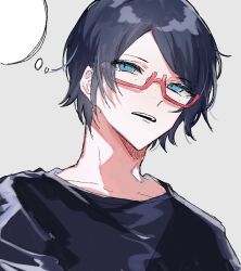 Rule 34 | absurdres, black hair, blue eyes, character request, collarbone, commentary request, copyright request, glasses, highres, hirako daishougun, looking at viewer, open mouth, semi-rimless eyewear, short hair, solo, teeth, thought bubble, under-rim eyewear, upper body, upper teeth only