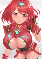 Rule 34 | 1girl, absurdres, blush, breasts, chest jewel, cleavage, cleavage cutout, clothing cutout, fingerless gloves, gloves, highres, huge breasts, large breasts, leaf, pyra (xenoblade), shiratamaaji, smile, solo, tongue, tongue out, white background, xenoblade chronicles (series), xenoblade chronicles 2