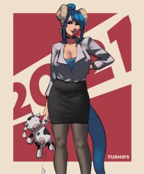 Rule 34 | 1girl, 2021, alternate hair length, alternate hairstyle, arm behind back, artist name, black choker, black skirt, blue eyes, blue eyeshadow, blue hair, blue lips, breasts, chinese zodiac, choker, cleavage, commentary, curled horns, dragon horns, dragon tail, english commentary, eyeshadow, hair bun, highres, holding, holding stuffed toy, horns, large breasts, lipstick, lysaris (steamedturnips), makeup, mole, mole under eye, office lady, original, outside border, pantyhose, pencil skirt, plunging neckline, short hair, simple background, single hair bun, skirt, solo, standing, steamedturnips, stuffed cow, stuffed toy, tail, updo, year of the ox