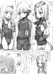 Rule 34 | 1boy, 2girls, bangs pinned back, blush stickers, bodysuit, brother and sister, check translation, chihiro (chrnt), comic, flip flappers, greyscale, hairband, headgear, jitome, leotard, mechanical arms, monochrome, multiple girls, pointing, short hair, siblings, single mechanical arm, toto (flip flappers), translation request, twins, yayaka, yuyu (flip flappers)