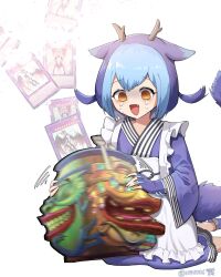 Rule 34 | 1girl, absurdres, apron, blue hair, card, dragon horns, dragon tail, highres, horns, japanese clothes, kimono, laundry dragonmaid, multicolored hair, purple hair, sitting, solo, tail, tears, twitter, two-tone hair, wd0706, white background, yu-gi-oh!