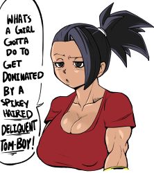 Rule 34 | 1girl, absurdres, black eyes, black hair, breasts, clothes, dragon ball, dragonball z, english text, highres, kale (dragon ball), large breasts, long hair, looking at viewer, muscular, muscular female, ponytail, pseudocel, simple background, solo, speech bubble, white background