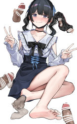 Rule 34 | 1girl, 4boys, bar censor, barefoot, black bow, black bowtie, black choker, black hair, black mask, black panties, black skirt, blue eyes, blue ribbon, blush, bow, bowtie, buttons, censored, choker, closed mouth, clothing cutout, collarbone, commentary, cross-laced clothes, disembodied penis, double v, ear blush, erection, feet, frilled shirt collar, frilled sleeves, frills, grey legwear, group sex, hair ribbon, hands up, hetero, high-waist skirt, highres, knee up, long hair, long sleeves, looking at viewer, mask, mask pull, miniskirt, mouth mask, multiple boys, multiple penises, nakamura rohane, nijisanji, nose blush, panties, panties on penis, penis, ribbon, shirt, shoulder cutout, simple background, single sock, sitting, skirt, sleeves past wrists, sock on penis, sock pull, socks, soles, solo focus, surrounded by penises, sweat, testicles, toes, tsukino mito, tsukino mito (14th costume), underwear, v, virtual youtuber, wavy mouth, white background, white shirt