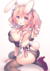 Rule 34 | 1girl, animal ears, apron, ass, bare shoulders, between legs, black leotard, black thighhighs, blush, breasts, cleavage, clothing cutout, commentary request, fake animal ears, frilled apron, frilled leotard, frills, gradient background, grey background, hair between eyes, hair ribbon, hand between legs, hand up, heart, heart-shaped pupils, high heels, highres, large breasts, leotard, looking at viewer, maid headdress, original, parted lips, pink hair, playboy bunny, purple ribbon, rabbit ears, rabbit girl, rabbit tail, red eyes, red footwear, ribbon, sakura (usashiro mani), shoe soles, shoes, solo, symbol-shaped pupils, tail, tail through clothes, thighhighs, two side up, usashiro mani, white apron, white background, wrist cuffs