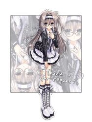 Rule 34 | 1girl, absurdres, artist name, bag, bandaged leg, bandages, bandaid, bandaid on leg, black bag, black jacket, boots, brown hair, chain, charm (object), commission, cross-laced footwear, dress, frilled dress, frilled hairband, frills, full body, glasses, glint, green eyes, hair ornament, hairband, hairpin, hajang68, hand up, handbag, heart, heart hair ornament, highres, jacket, jewelry, knee boots, lace-up boots, legs together, long hair, long sleeves, looking at viewer, multiple rings, multiple views, open clothes, open jacket, original, outline, outside border, parted lips, ring, shoelaces, short dress, twitter username, very long hair, watermark, white dress, white footwear, white hairband, zoom layer