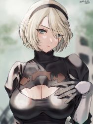 Rule 34 | 1girl, 2b (nier:automata), black dress, black gloves, black hairband, blonde hair, breasts, cleavage, cleavage cutout, closed mouth, clothing cutout, covered collarbone, dress, gloves, green eyes, hairband, hand on own chest, highres, large breasts, looking at viewer, nier:automata, nier (series), no blindfold, short hair, solo, upper body, yamamori kinako