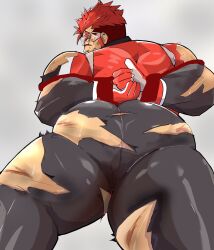 Rule 34 | 1boy, akashi (live a hero), arms behind back, ass, ass focus, bara, bodysuit, bound, bound arms, bruise, cuts, defeat, facial hair, feet out of frame, foreshortening, from behind, goatee, goggles, highres, injury, kaeru333938123, large pectorals, live a hero, long sideburns, looking at viewer, looking back, lying, male focus, muscular, muscular male, on stomach, pectorals, red eyes, red hair, scar, scar on face, scar on nose, short hair, sideburns, solo, superhero costume, sweat, thick eyebrows, torn bodysuit, torn clothes