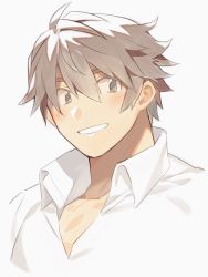 Rule 34 | 1boy, brown eyes, brown hair, collared shirt, commentary request, hozu (hozumi), looking to the side, male focus, protagonist 4 (housamo), muscular, muscular male, open mouth, portrait, shirt, smile, solo, tokyo houkago summoners, white background, white shirt