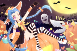 Rule 34 | 1girl, absurdres, bat (animal), blue hair, braid, cake, food, halloween, hat, high heels, highres, jinx (league of legends), league of legends, long hair, moon, one eye closed, pink eyes, skirt, striped clothes, striped thighhighs, sweets, thighhighs, twin braids, wink, witch hat
