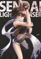 Rule 34 | 10s, 1girl, beretta 92, black gloves, black lagoon, boots, brown hair, character name, cosplay, cutoffs, denim, denim shorts, dual wielding, fingerless gloves, gloves, gun, handgun, holding, holster, kantai collection, midriff, morigami (morigami no yashiro), pistol, revy (black lagoon), revy (black lagoon) (cosplay), scarf, sendai (kancolle), short hair, short shorts, shorts, shoulder holster, smile, solo, two side up, weapon, white scarf