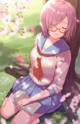 Rule 34 | 1girl, against tree, alternate costume, bespectacled, blurry, blush, book, contemporary, day, closed eyes, fate/grand order, fate (series), flower, from above, glasses, grass, hair over one eye, haru (hiyori-kohal), mash kyrielight, miniskirt, open book, outdoors, parted lips, pleated skirt, purple eyes, purple hair, sailor collar, school uniform, serafuku, short hair, skirt, sleeping, sleeping upright, solo, tree