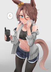Rule 34 | 1girl, absurdres, alternate costume, animal ears, bare shoulders, black pantyhose, black sports bra, blue eyes, blue shorts, blush, bottle, brown hair, closed mouth, commentary request, ear ornament, gradient background, grey hoodie, grey jacket, hair between eyes, highres, holding, holding bottle, hood, hood down, hoodie, horse ears, horse girl, horse tail, jacket, jacket partially removed, long hair, looking at viewer, midriff, narita taishin (umamusume), navel, nida keita, one eye closed, open clothes, open hoodie, pantyhose, short hair, shorts, solo, speech bubble, sports bra, sweat, tail, towel, towel around neck, umamusume, very long hair, water bottle, wiping sweat