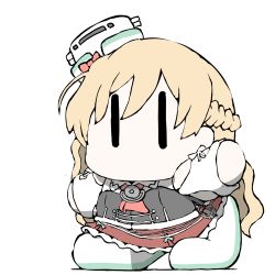 Rule 34 | 1girl, bare shoulders, blonde hair, boots, braid, chibi, french braid, hat, kantai collection, long hair, mini hat, miniskirt, no mouth, outstretched arms, red skirt, simple background, skirt, solo, task (s task80), wavy hair, white background, white footwear, zara (kancolle), | |