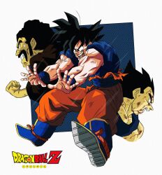 Rule 34 | 3boys, battle damage, beard stubble, black hair, blood, blood on face, blue sash, blue shirt, blue wristband, clenched hand, clenched teeth, collarbone, copyright name, dragon ball, dragonball z, emphasis lines, facial hair, floating, highres, injury, male focus, mr. satan, multiple boys, muscular, muscular male, mustache, official art, oharu2000, open hand, open mouth, orange pants, pants, sash, shirt, simple background, sleeveless, son goku, spiked hair, stubble, sweat, teeth, torn clothes, vegeta, wristband