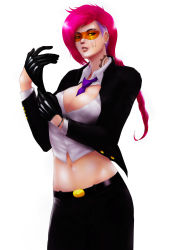 Rule 34 | 1girl, between breasts, black gloves, breasts, cleavage, cosplay, crimson viper, crimson viper (cosplay), ear piercing, eyebrows, facial tattoo, glove pull, gloves, highres, large breasts, league of legends, lips, lipstick, looking at viewer, makeup, midriff, multicolored hair, navel, necktie, necktie between breasts, ningyon mereman, nose, nose piercing, parted lips, piercing, pink hair, purple hair, safety glasses, short hair, solo, street fighter, street fighter iv (series), tattoo, tinted eyewear, two-tone hair, vi (league of legends), yellow-tinted eyewear