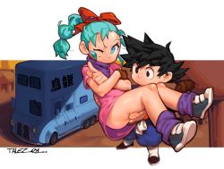 Rule 34 | 1boy, 1girl, age difference, artist name, bad id, bad tumblr id, black hair, blue eyes, blue hair, border, bow, bulma, carrying, child, conto, dougi, dragon ball, gloves, hair bow, highres, monkey tail, one eye closed, onee-shota, princess carry, recreational vehicle, scarf, shoes, single glove, smile, sneakers, son goku, spiked hair, tail, white border, wink