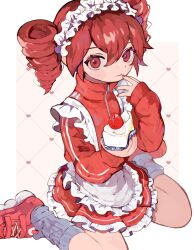 1girl apron drill_hair finger_to_mouth food grey_socks holding holding_food jacket jersey_maid kasane_teto maid maid_apron maid_headdress red_eyes red_footwear red_hair red_jacket red_skirt s1ho_(ukiy0u0) skirt socks twin_drills unconventional_maid utau