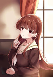 Rule 34 | 1girl, :o, absurdres, black serafuku, blush, breasts, brown shirt, clipboard, curtains, day, from side, highres, holding, holding pencil, indoors, jewelry, kantai collection, long hair, long sleeves, looking to the side, md5 mismatch, medium breasts, neckerchief, ooi (kancolle), parted lips, pencil, pencil to face, resolution mismatch, ring, sailor collar, school uniform, serafuku, shirt, solo, soramuko, source larger, straight hair, upper body, wedding band, white neckerchief, white sailor collar, window