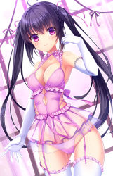 Rule 34 | 1girl, ahoge, arm up, armpits, babydoll, black hair, blush, breasts, cleavage, collarbone, commentary request, elbow gloves, frilled babydoll, garter belt, gloves, hair between eyes, hair ribbon, highres, indoors, long hair, looking at viewer, medium breasts, original, panties, panties over garter belt, purple babydoll, purple eyes, purple panties, ribbon, side-tie panties, sidelocks, smile, solo, thighhighs, twintails, umitonakai, underwear, white gloves, white thighhighs, window