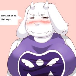 Rule 34 | 1girl, blush, breasts, brown eyes, brown hair, embarrassed, english text, female focus, grape jelly (artist), horns, open mouth, sheep, short hair, simple background, single horn, solo, toriel, undertale, upper body