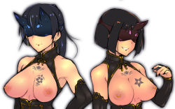Rule 34 | 2girls, black hair, black nails, breast tattoo, breasts, breasts out, em (totsuzen no hakike), etou toshiko, inverted nipples, kitagou fumika, large breasts, mask, multiple girls, nail polish, nipple piercing, nipples, piercing, revealing clothes, short hair, smile, strike witches zero, tattoo, world witches series