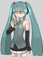 Rule 34 | 1girl, aqua hair, aqua necktie, black eyes, burger, cropped legs, detached sleeves, food, food on face, grey background, grey shirt, hair between eyes, hair ornament, half-closed eyes, hatsune miku, headphones, highres, holding, holding food, long hair, necktie, parted lips, pleated skirt, shaded face, shirt, simple background, skirt, sleeveless, sleeveless shirt, solo, tirarizun, twintails, very long hair, vocaloid