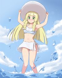 Rule 34 | 1girl, absurdres, arms up, bikini, blonde hair, blunt bangs, blush, braid, breasts, closed mouth, cloud, collarbone, commentary request, creatures (company), day, eyelashes, from below, game freak, green eyes, hands on headwear, hat, highres, lillie (pokemon), long hair, looking at viewer, mockingeu, navel, nintendo, outdoors, pokemon, pokemon (anime), pokemon sm (anime), shiny skin, skirt, sky, solo, sun hat, swimsuit, twin braids, wading, water, water drop, wavy mouth, white hat, white skirt