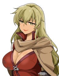 Rule 34 | 1girl, artist name, blonde hair, breasts, brown cape, cape, cleavage, dark skin, fire emblem, fire emblem: the binding blade, igrene (fire emblem), large breasts, looking at viewer, mole, nintendo, red tunic, simple background, smile, solo, white background, yellow eyes, yukia (firstaid0)