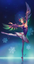 Rule 34 | 1girl, aqua hair, arms up, bare shoulders, blue background, breasts, choker, dancing, dress, elbow gloves, fairy wings, full body, gloves, hair bun, hair ornament, highres, leg ribbon, li moly, light particles, looking to the side, mechanical wings, medium breasts, mercy (overwatch), miniskirt, outstretched arms, overwatch, overwatch 1, parted lips, pointy ears, purple dress, purple eyes, purple gloves, purple ribbon, ribbon, ribbon choker, single hair bun, skirt, sleeveless, sleeveless dress, smile, snowflakes, solo, standing, standing on one leg, sugar plum fairy mercy, thighhighs, wings