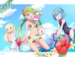 Rule 34 | 3girls, bad id, bad pixiv id, ball, beachball, bikini, blonde hair, blue hair, bounsweet, braid, cloud, creatures (company), day, closed eyes, flower, french braid, game freak, gen 1 pokemon, gen 7 pokemon, goggles, goggles on head, green eyes, green hair, hibiscus, lana (pokemon), lillie (pokemon), long hair, magikarp, mallow (pokemon), mei (maysroom), midriff, multiple girls, navel, nintendo, one-piece swimsuit, one eye closed, open mouth, outdoors, partially submerged, plumeria, pokemon, pokemon (anime), pokemon (creature), pokemon sm (anime), popplio, rowlet, short hair, sky, starfish, staryu, swimsuit, trial captain, twintails, water, white one-piece swimsuit