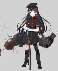 Rule 34 | 10s, 1girl, alternate costume, black hair, boots, eight tohyama, gloves, hair ribbon, hat, high heel boots, high heels, isokaze (kancolle), kantai collection, long hair, looking at viewer, military, military uniform, red eyes, ribbon, sheath, single thighhigh, smile, solo, thighhighs, uniform