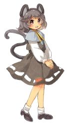 Rule 34 | 1girl, :d, animal ears, bad id, bad twitter id, blush, gem, grey footwear, grey hair, grey skirt, grey vest, highres, long sleeves, mouse ears, mouse tail, nazrin, open mouth, red eyes, sasa kichi, shirt, shoes, short hair, simple background, skirt, smile, socks, solo, standing, tail, touhou, vest, white background, white shirt, white socks