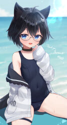 Rule 34 | 1girl, :d, ahoge, animal collar, animal ear fluff, animal ears, beach, black hair, blue eyes, blush, breasts, clothes down, collar, double-parted bangs, glasses, hair ornament, highres, jacket, looking at viewer, navel, open mouth, original, school swimsuit, sese nagi, sitting, small breasts, smile, solo, swimsuit, tail, thighs, wariza, white jacket