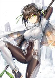 Rule 34 | 1girl, arm behind head, black hair, blush, bodysuit, breasts, bun cover, cape, chinese clothes, commentary request, covered navel, double bun, fate/grand order, fate (series), fingerless gloves, gloves, green eyes, green ribbon, hair between eyes, hair bun, hair ribbon, holding, holding polearm, holding weapon, koyuki (kotatsu358), leg up, looking at viewer, medium breasts, outdoors, parted lips, polearm, qin liangyu (fate), ribbon, shoes, solo, weapon, white bodysuit, white cape