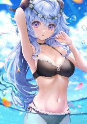 Rule 34 | 1girl, absurdres, alternate costume, arm behind head, arm up, armpits, asahi (vjss4548), bangle, bare shoulders, bikini, black bikini, black choker, blue hair, blue sky, blurry, blurry foreground, bracelet, breasts, choker, cleavage, close-up, cloud, collarbone, day, falling petals, flower, flower-trimmed bikini, ganyu (genshin impact), genshin impact, goat horns, gradient eyes, halterneck, hand up, highres, horns, jewelry, long hair, looking at viewer, medium breasts, multi-strapped bikini, multicolored eyes, navel, outdoors, parted lips, partially submerged, partially underwater shot, petals, ponytail, purple eyes, side-tie bikini bottom, skindentation, sky, solo, stomach, swimsuit, twitter username, water, water drop, white flower, wide-eyed, wreath
