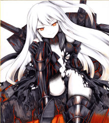 Rule 34 | &gt;:), 10s, 1girl, abyssal ship, aircraft carrier princess, armor, armored boots, bad id, bad pixiv id, bare shoulders, black dress, black skin, boots, breasts, colored pencil (medium), colored skin, dress, gauntlets, groin, iroha (nullpo), kantai collection, long hair, looking at viewer, machinery, midriff, multicolored skin, navel, one side up, orange eyes, ponytail, sailor collar, shikishi, side ponytail, sitting, sleeveless, sleeveless dress, smile, solo, torn clothes, torn dress, traditional media, turret, two-tone skin, v-shaped eyebrows, very long hair, white background, white skin