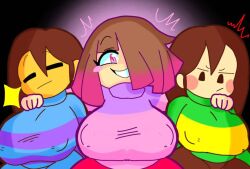 Rule 34 | bete noire, bete noire, blue shirt, breasts, brown hair, chara (undertale), frisk (undertale), glitchtale, green shirt, huge breasts, pink eyes, pink hair, pink shirt, purple shirt, shirt, undertale, wearing clothes