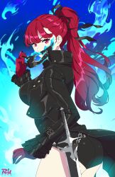 Rule 34 | 1girl, absurdres, ass, breasts, coat, from behind, gloves, hair ribbon, highres, large breasts, leotard, long hair, looking at viewer, persona, persona 5, ponytail, r3dfive, rapier, red eyes, red hair, ribbon, sideboob, solo, sword, very long hair, weapon, yoshizawa kasumi