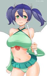 Rule 34 | 10s, 1girl, bare shoulders, blue hair, blush, breasts, detached sleeves, female focus, green eyes, highres, kantai collection, large breasts, looking at viewer, midriff, navel, one-hour drawing challenge, open mouth, race queen, shiny skin, short hair, simple background, skirt, smile, solo, souryuu (kancolle), taut clothes, tori kaku, twintails, umbrella