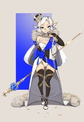 Rule 34 | 1girl, blue eyes, blue nails, bow, choker, cloak, crown, elbow gloves, female focus, finger to mouth, fingernails, full body, gloves, grin, highres, holding, holding scepter, jewelry, leotard, looking at viewer, nail polish, necklace, original, pointy ears, sash, scepter, short hair, shuuko (s h uuko), simple background, smile, solo, standing, thighhighs, white footwear, white hair