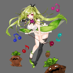 Rule 34 | 1girl, :d, apt, asymmetrical footwear, bare shoulders, black gloves, black thighhighs, boots, breasts, dress, full body, gloves, green hair, grey background, gyakushuu no fantasica, hair ornament, high heel boots, high heels, large breasts, long hair, looking at viewer, microphone, mismatched footwear, monster, musical note, official art, open mouth, purple eyes, shoes, sideboob, simple background, single glove, single thighhigh, sleeveless, sleeveless dress, smile, solo, thigh boots, thighhighs