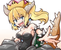 Rule 34 | 1girl, armlet, bare shoulders, black collar, black nails, blonde hair, blue eyes, borrowed design, bowsette, bracelet, breasts, brooch, cleavage, collar, commentary request, covered navel, crown, dress, earrings, foreshortening, gradient background, head tilt, horns, jewelry, kitayama miuki, long hair, looking at viewer, mario (series), medium breasts, medium hair, nail polish, new super mario bros. u deluxe, nintendo, open mouth, pointy ears, sharp teeth, smile, solo, spiked armlet, spiked bracelet, spiked collar, spiked shell, spiked tail, spikes, standing, strapless, strapless dress, super crown, tail, teeth, turtle shell, upper body, white background, wind