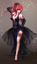 Rule 34 | 1girl, absurdres, alternate costume, arm behind head, arm tattoo, arm up, bare shoulders, black dress, black gloves, breasts, brown eyes, cleavage, closed mouth, cocktail dress, dress, elbow gloves, erza scarlet, evening gown, fairy tail, fishnet thighhighs, fishnets, flower, full body, gloves, hair over one eye, hand on own hip, high heels, high ponytail, highres, lace, lace-trimmed legwear, lace trim, large breasts, long hair, looking at viewer, melody5427, ponytail, red flower, red hair, red rose, rose, smile, solo, sparkle, tattoo, thighhighs