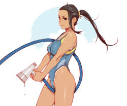 Rule 34 | 1girl, bad id, bad pixiv id, between legs, black eyes, black hair, competition swimsuit, highleg, highleg swimsuit, hose, mama (mama hiro), one-piece swimsuit, original, ponytail, solo, swimsuit, tan, tanline