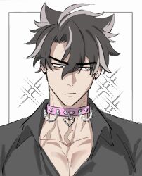 Rule 34 | 1boy, acupofbread, averting eyes, black hair, black shirt, blue eyes, choker, closed mouth, collarbone, collared shirt, commentary, earrings, english commentary, facial scar, frown, genshin impact, grey hair, hair between eyes, heart, heart choker, heart pendant, highres, jewelry, male focus, multicolored hair, parted bangs, pectoral cleavage, pectorals, pendant, pendant choker, pink choker, scar, scar on cheek, scar on face, scar on neck, shirt, short hair, sideways glance, simple background, solo, sparkle, streaked hair, stud earrings, upper body, v-shaped eyebrows, white background, wing collar, wriothesley (genshin impact)